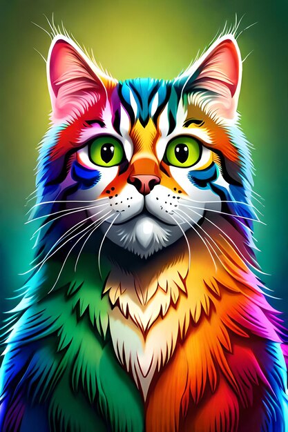 A rainbow cat with a rainbow colored face.