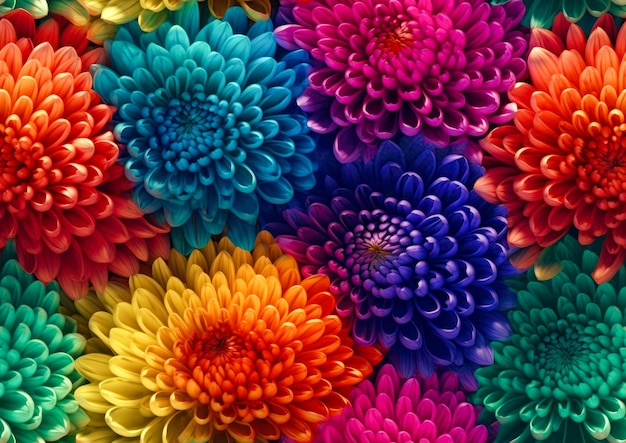 Rainbow chrysanthemum flowers seamless background in full bloom