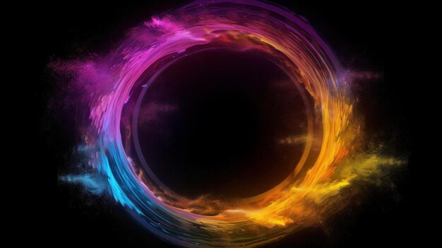 Rainbow circle with colorful streaks on black background generative AI