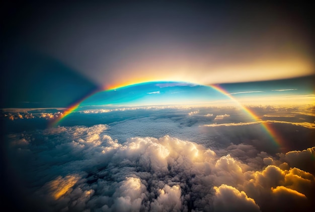 Rainbow above clouds in blue sky Wide angle Generative AI