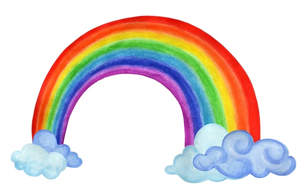 Arcobaleno tra le nuvole. illustrazione del tempo per bambini. isolato su sfondo bianco. disegnato a mano.