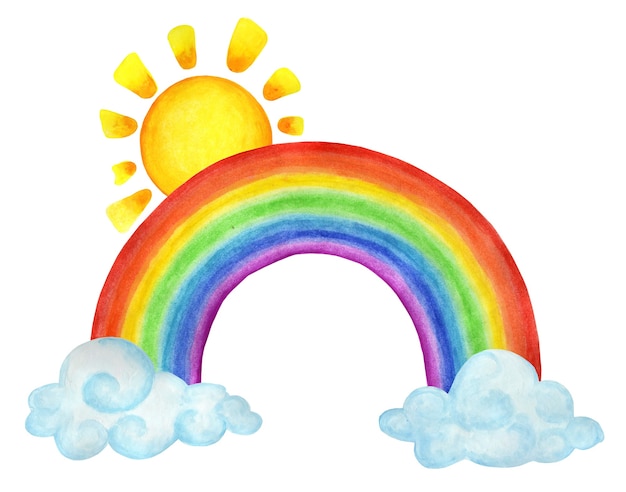 Photo rainbow in the clouds and the sun above itchildrens weather illustration handdrawn