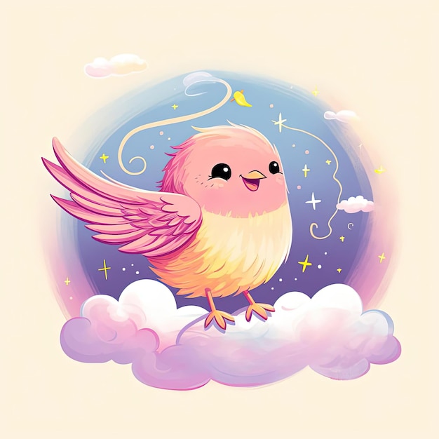 rainbow and clouds with a cute and a bird in the style of light orange and magenta