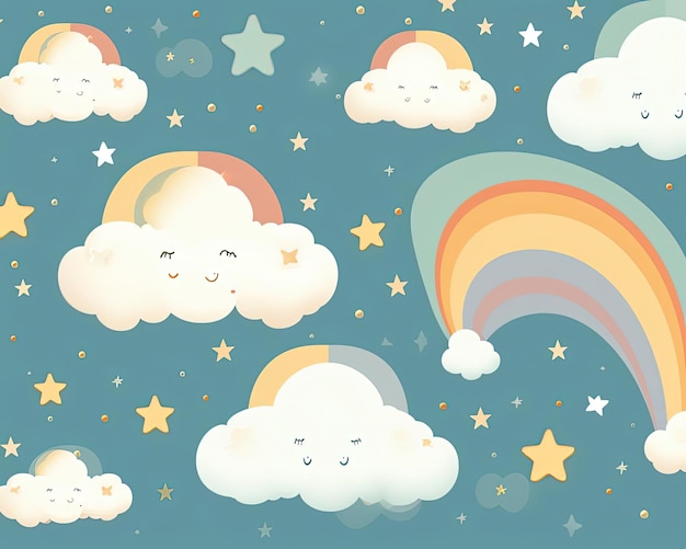 暗いターコイズとlのスタイルで白い背景に星が描かれた虹と雲