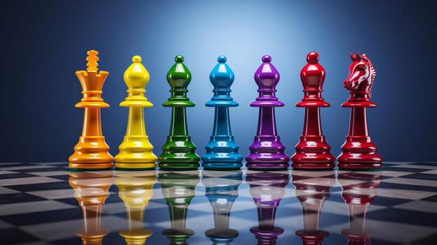 虹の色のチェスのピース チェスの王 女王 馬