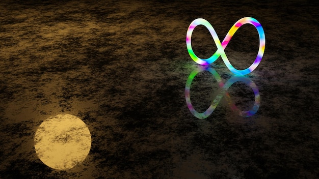 Colore arcobaleno dell'anello infinito e il suo riflesso su un pavimento di cemento bagnato in una notte di luna piena (3d r