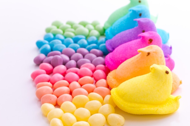 Rainbow color marshmallow peeps and jelly beans.