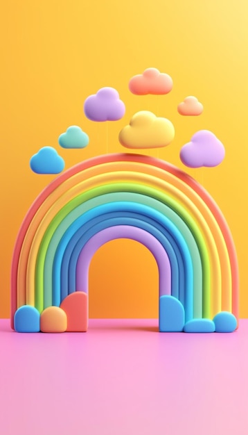 雲とハート型の風船が付いた虹色のアーチ生成ai