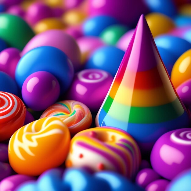 A rainbow colored ball is surrounded by many colorful balls.