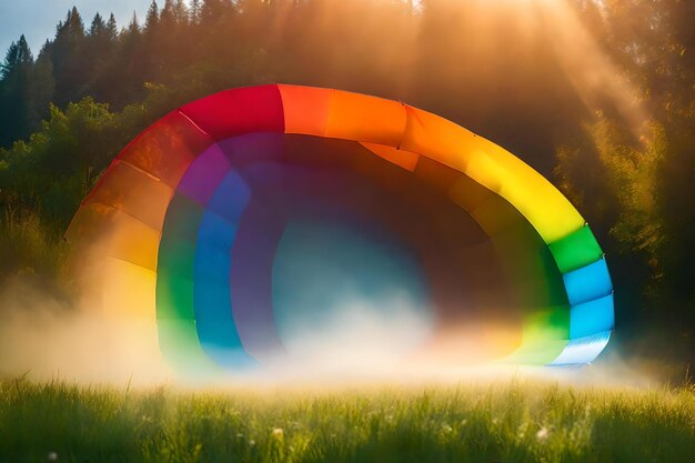 rainbow colored balloon in the grass with trees in the background