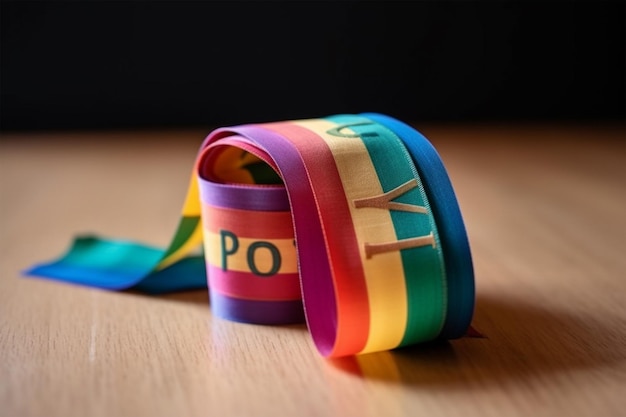 A rainbow colored band with the letters po on it sits on a wooden table.