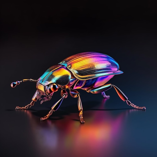 A rainbow colored beetle is on a black background.