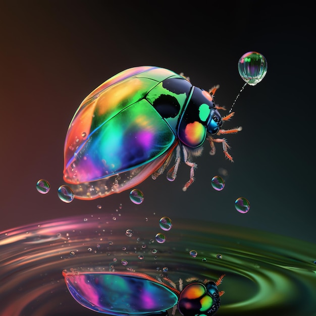 A rainbow colored bug is floating on a water surface.