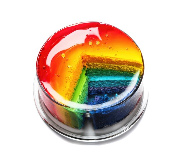 Радужный цветный торт цветный круглый глазурный десерт вкусный блестящий фруктовый торт на белом фоне абстрактная генеративная ИИ иллюстрация