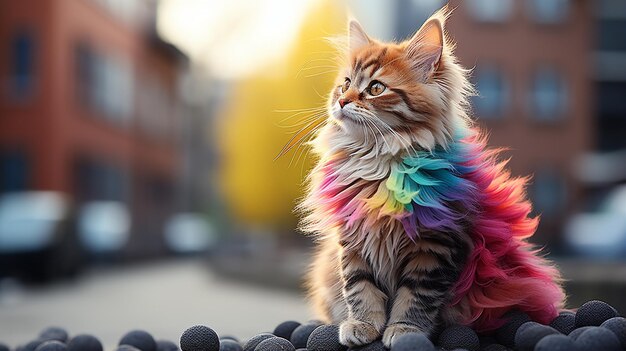 The rainbow colored cat is sitting