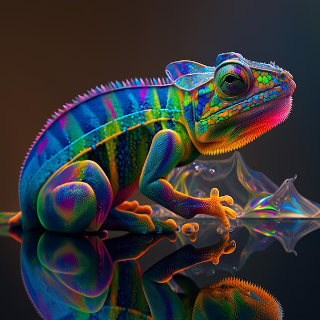 A rainbow colored chameleon with a bubble in the mouth.