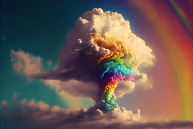 Rainbow colored cloud in the sky with a rainbow in the background generative ai