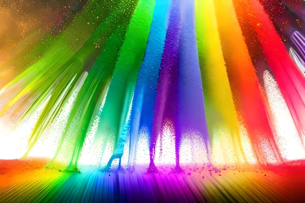 A rainbow colored curtain with a reflection of a person in the middle.