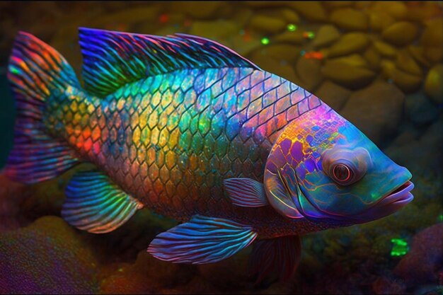 Foto un pesce color arcobaleno con sopra la parola pesce