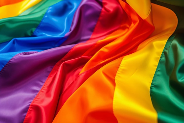 A rainbow colored flag is draped over a table.