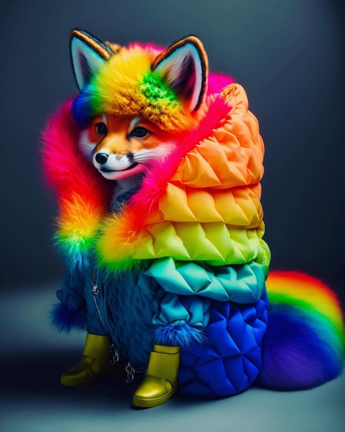 A rainbow colored fox is wearing a jacket that says fox.