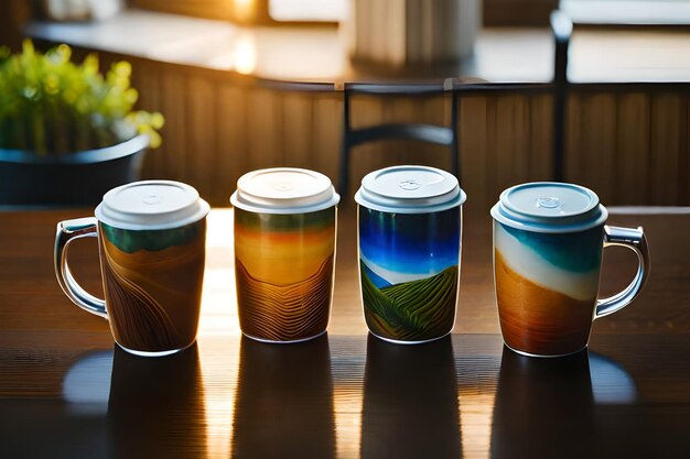 rainbow colored glass jars with the sun setting behind them.