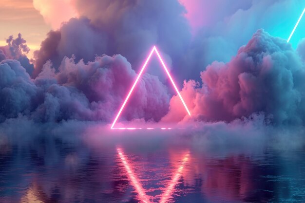 Rainbow colored glowing neon triangle in the cloud Ai generative