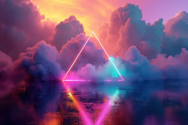 Rainbow colored glowing neon triangle in the cloud Ai generative