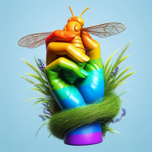 rainbow colored hand holding bee