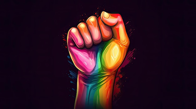 Rainbow colored hand with a fist raised up Gay Pride month concept with Generative AI Technology