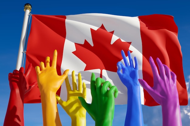 カナダの旗をめぐるlgbtコミュニティからの虹色の手カナダのゲイパレードのプライド自由選挙の概念が虹色の旗の多様性3dレンダリングに投票