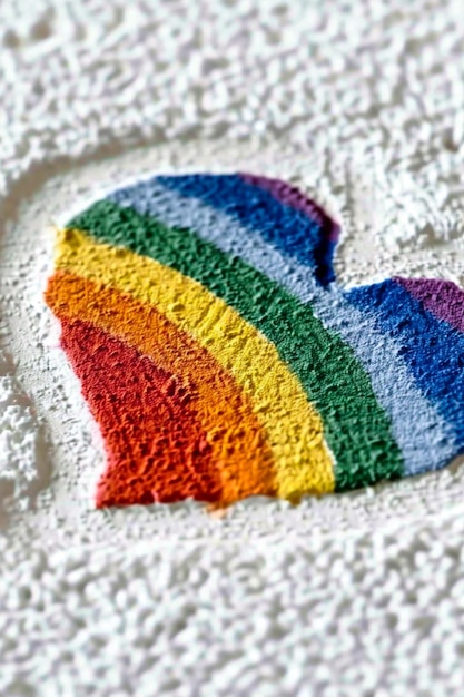 a rainbow colored heart is laying on a white cloth