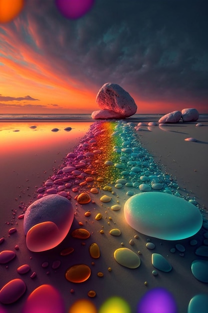 Rainbow colored heart sitting on top of a sandy beach generative ai