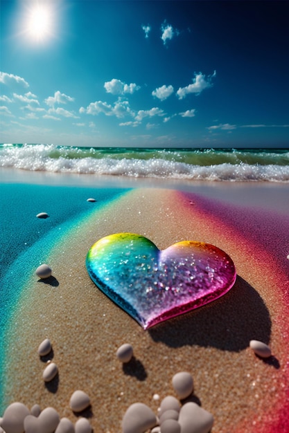 Rainbow colored heart sitting on top of a sandy beach generative ai