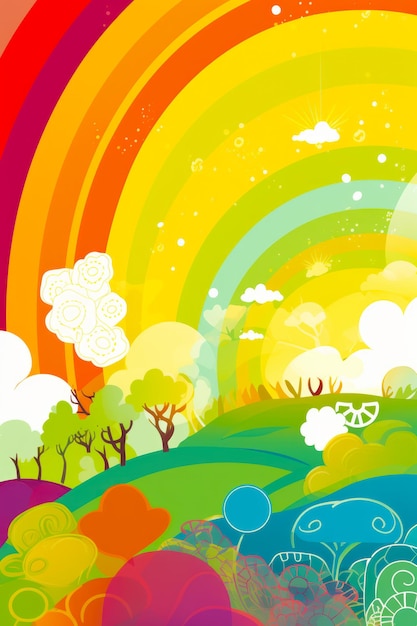 Rainbow colored landscape with trees clouds and rainbow colored sky generative ai