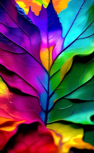 A rainbow colored leaf is displayed on a black background.