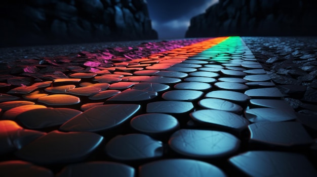 A rainbow colored line of rocks in the middle of a road