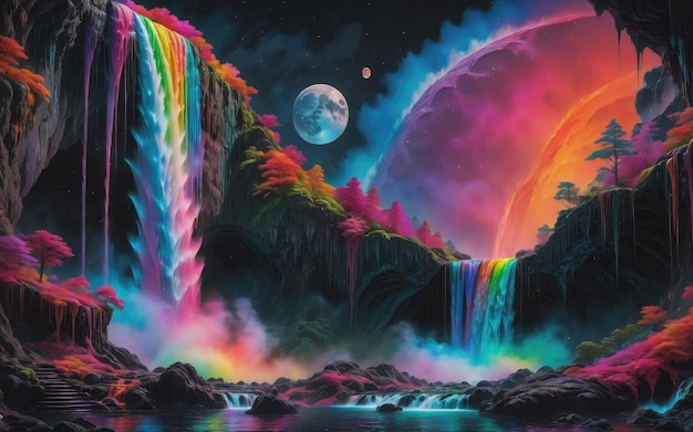 Rainbow colored melted moon over the waterfall