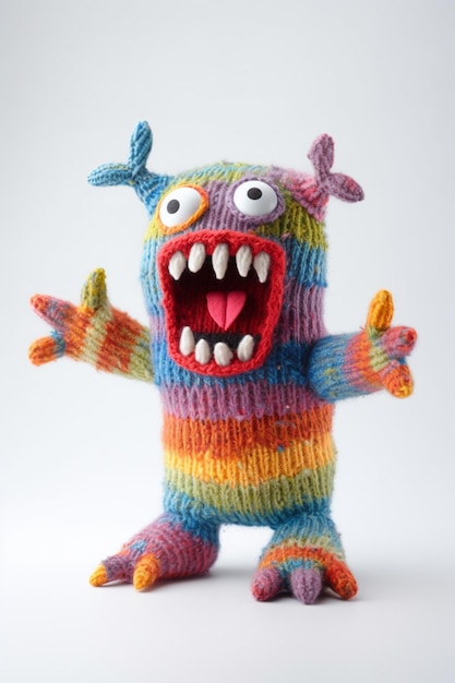 A rainbow colored monster is standing on a white background.