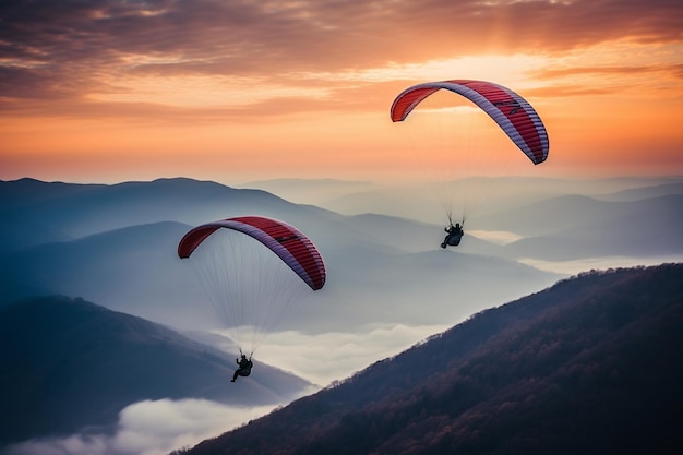 Rainbow colored paragliders soaring above a valley