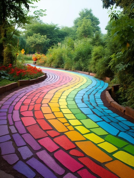 Photo a rainbow colored path in the garden.