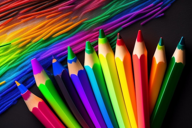 A rainbow colored pencils are laying on a black surface.