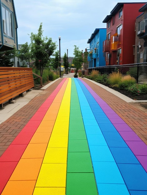 A rainbow colored rainbow colored walkway with a person walking on it