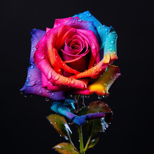 A rainbow colored rose with water droplets on it