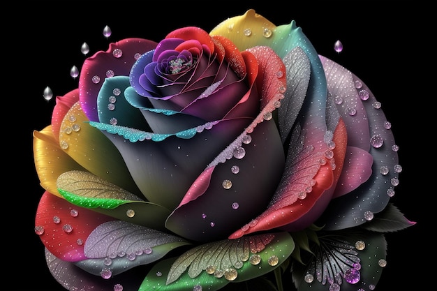 A rainbow colored rose with water drops on it.