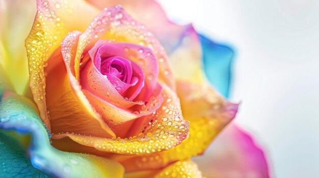 Фото Радужные розы с каплями воды яркие цвета белый фон