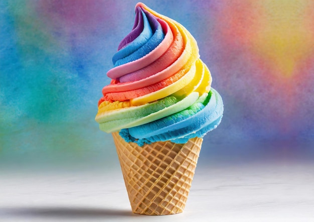 虹の背景に隔離された虹の色のソフトサーブアイスクリームコーン