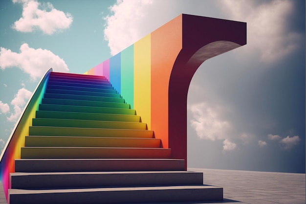 Rainbow colored staircase leading to the sky