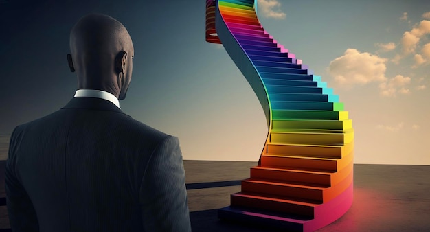 Rainbow colored staircase leading to the sky