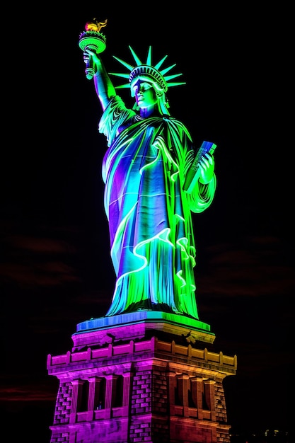 A rainbow colored statue of liberty is lit up at night.